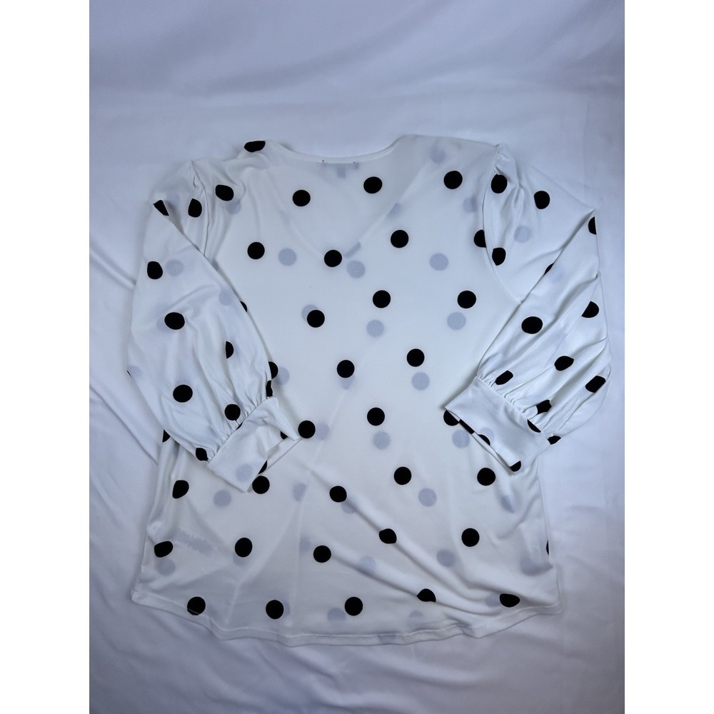 Adrianna Papell Top Women's XL White Black Polka Dot Split V Neck Long Sleeve - Picture 4 of 11